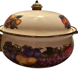 Cornucopia Enamel Cook Pot with Lid, Brass Handles and Fruit Designs.